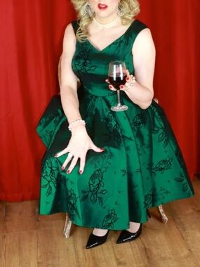 Voodoo Vixen Green Floral A-Line Dress Retro 60s Pocket Flare Metallic XL NWOT